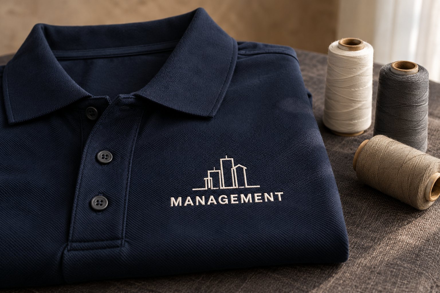 A folded navy polo shirt with a building icon and the word MANAGEMENT embroidered in white thread on the chest, beside three spools of thread.