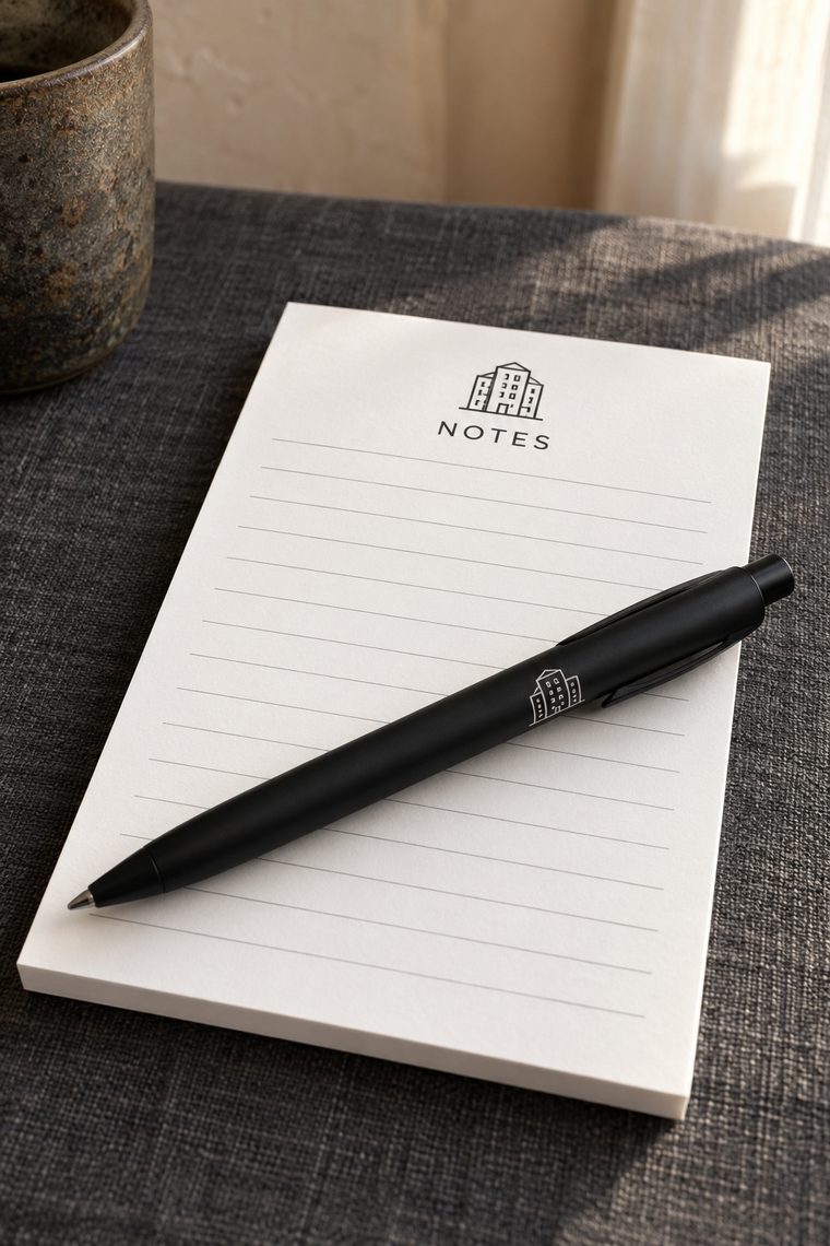 A white notepad headed NOTES with a building icon, with a matte black pen lying across it.