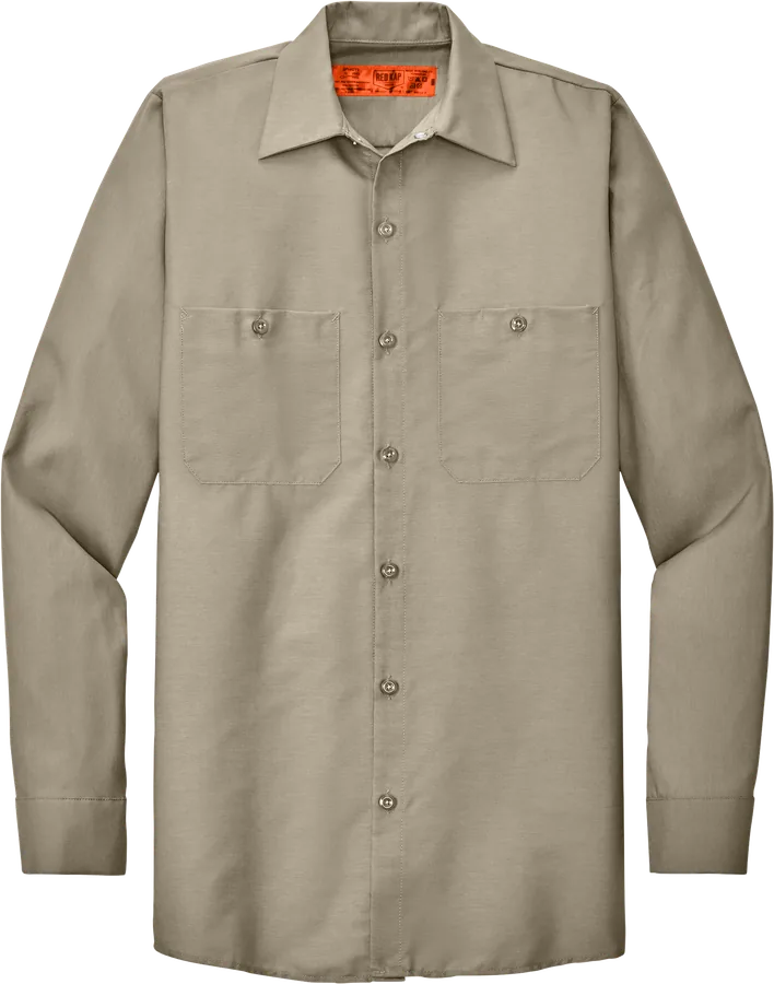 Long-sleeve work shirt, light tan.