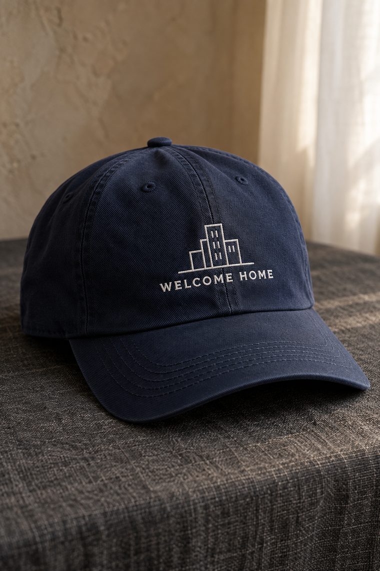 A navy twill cap embroidered in white with a building icon and the words WELCOME HOME.