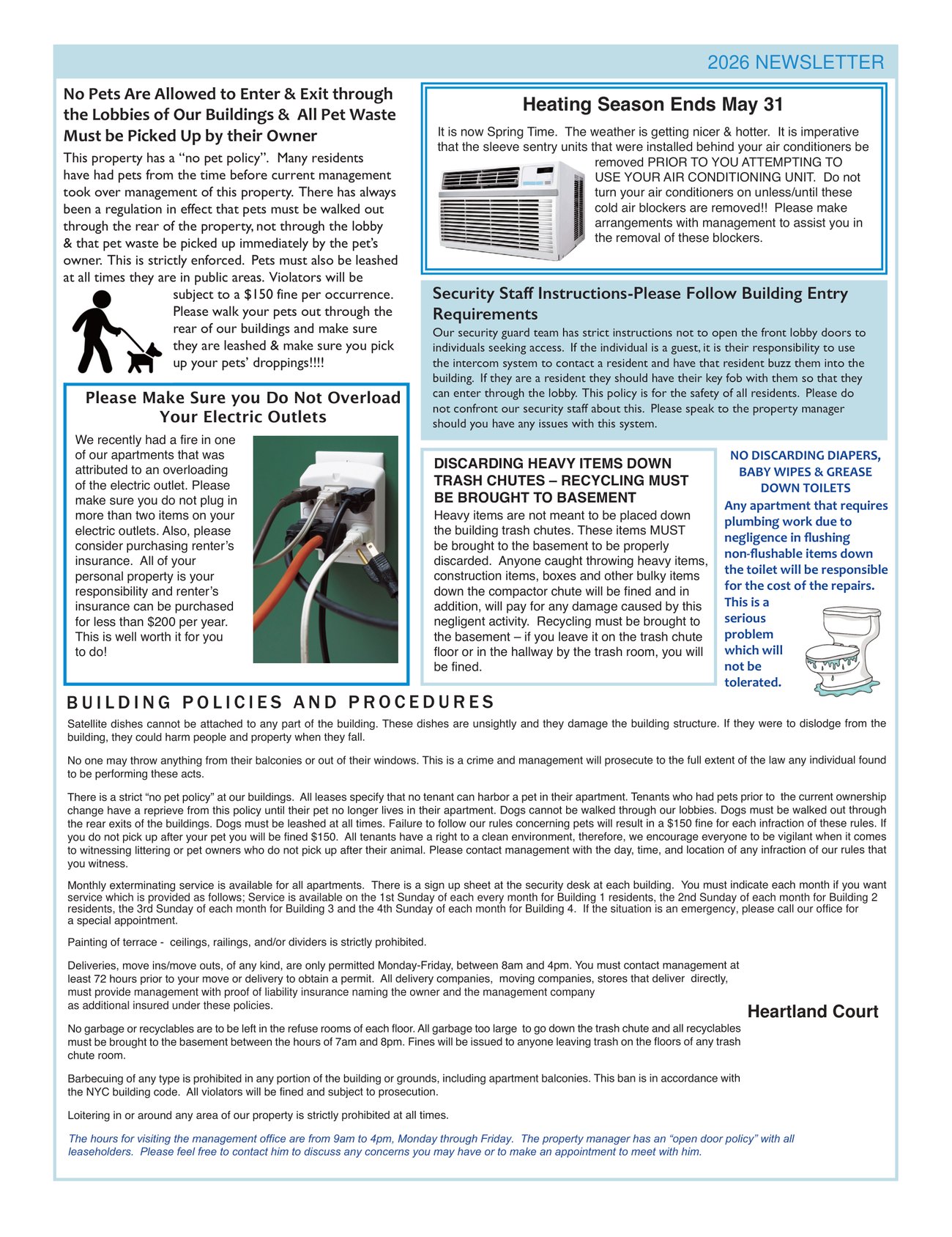 Back page of the sample newsletter. Articles cover the pet policy, the end of heating season, overloaded outlets, building entry rules, trash chutes and plumbing, followed by a section titled Building Policies and Procedures.