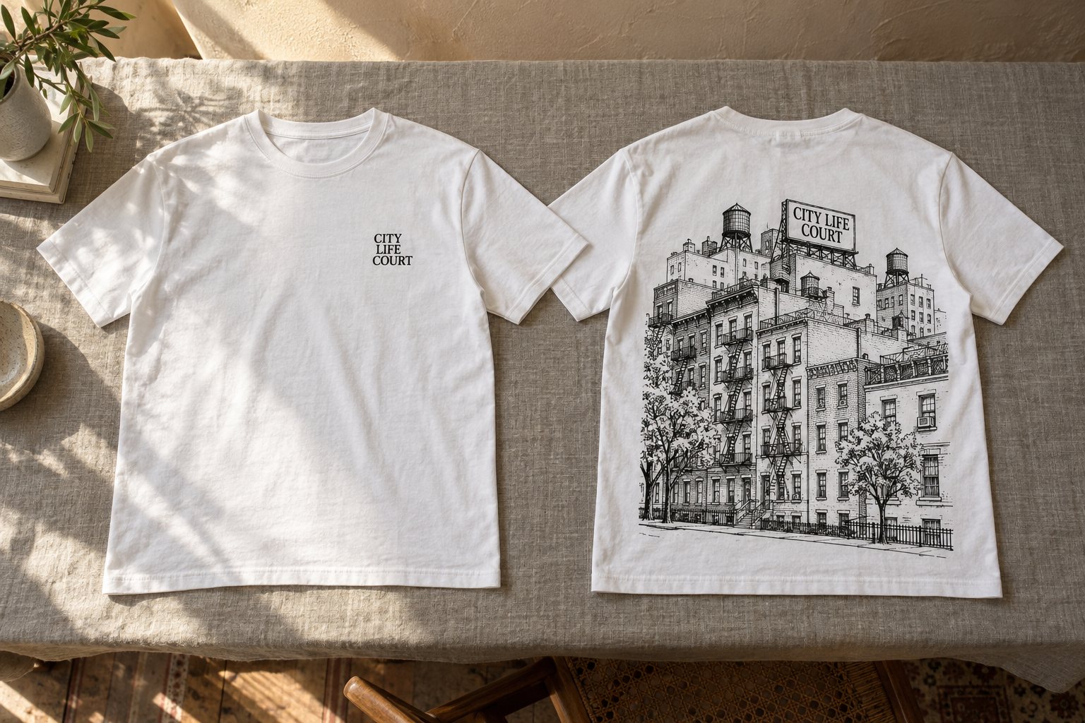 Two white t-shirts side by side on a linen table. The front shows CITY LIFE COURT printed small on the chest. The back shows a large black line drawing of city apartment buildings with fire escapes, water tanks and trees, with a rooftop sign reading CITY LIFE COURT.