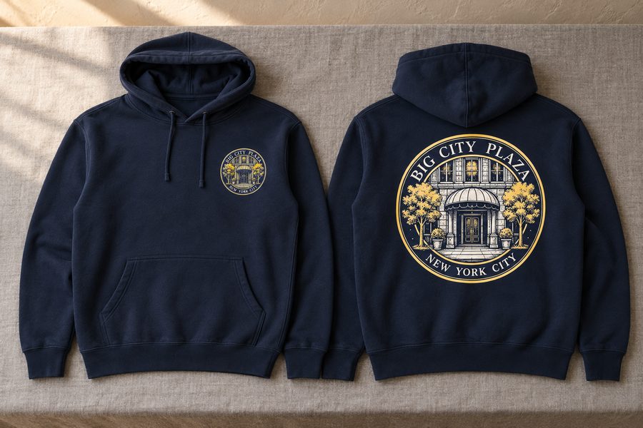 Two navy hoodies side by side. The front shows a small round badge on the chest. The back shows a large round badge with a building entrance, two trees and the words BIG CITY PLAZA and NEW YORK CITY in gold and cream.