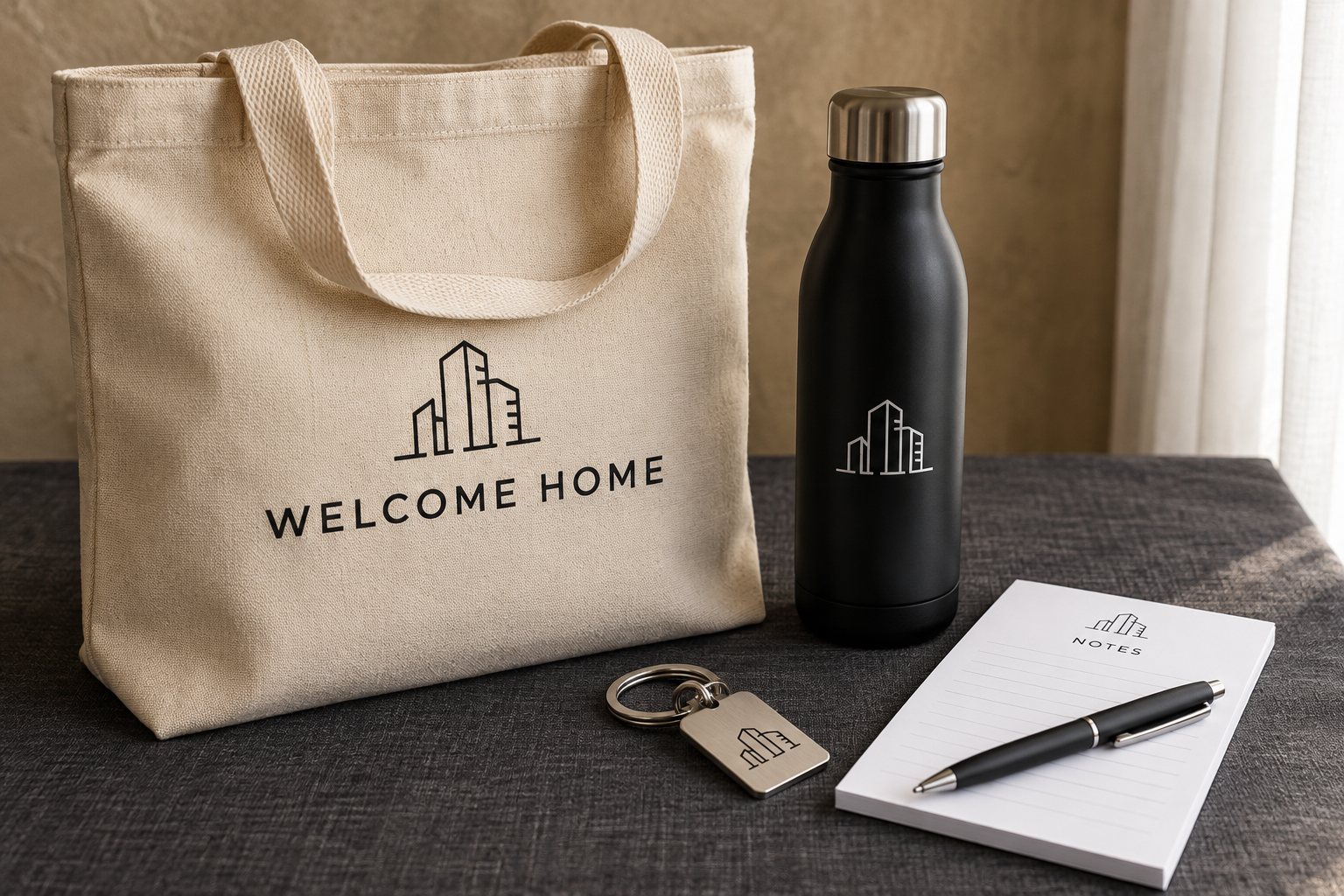 A welcome gift set on a charcoal linen cloth: a canvas tote bag printed WELCOME HOME, a matte black water bottle, a metal key chain and a notepad with a pen, each marked with the same building icon.