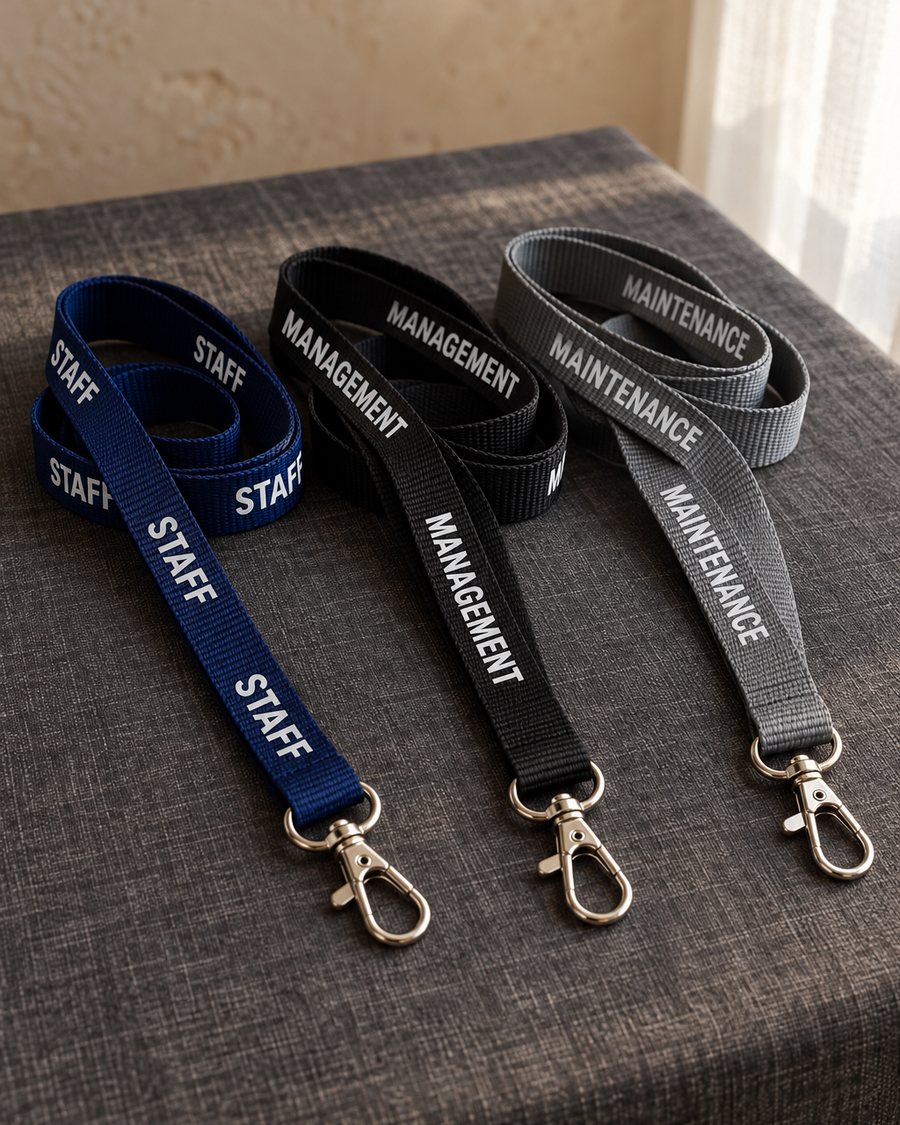 Three woven lanyards in navy, black and grey with metal swivel hooks, printed with the words STAFF, MANAGEMENT and MAINTENANCE.