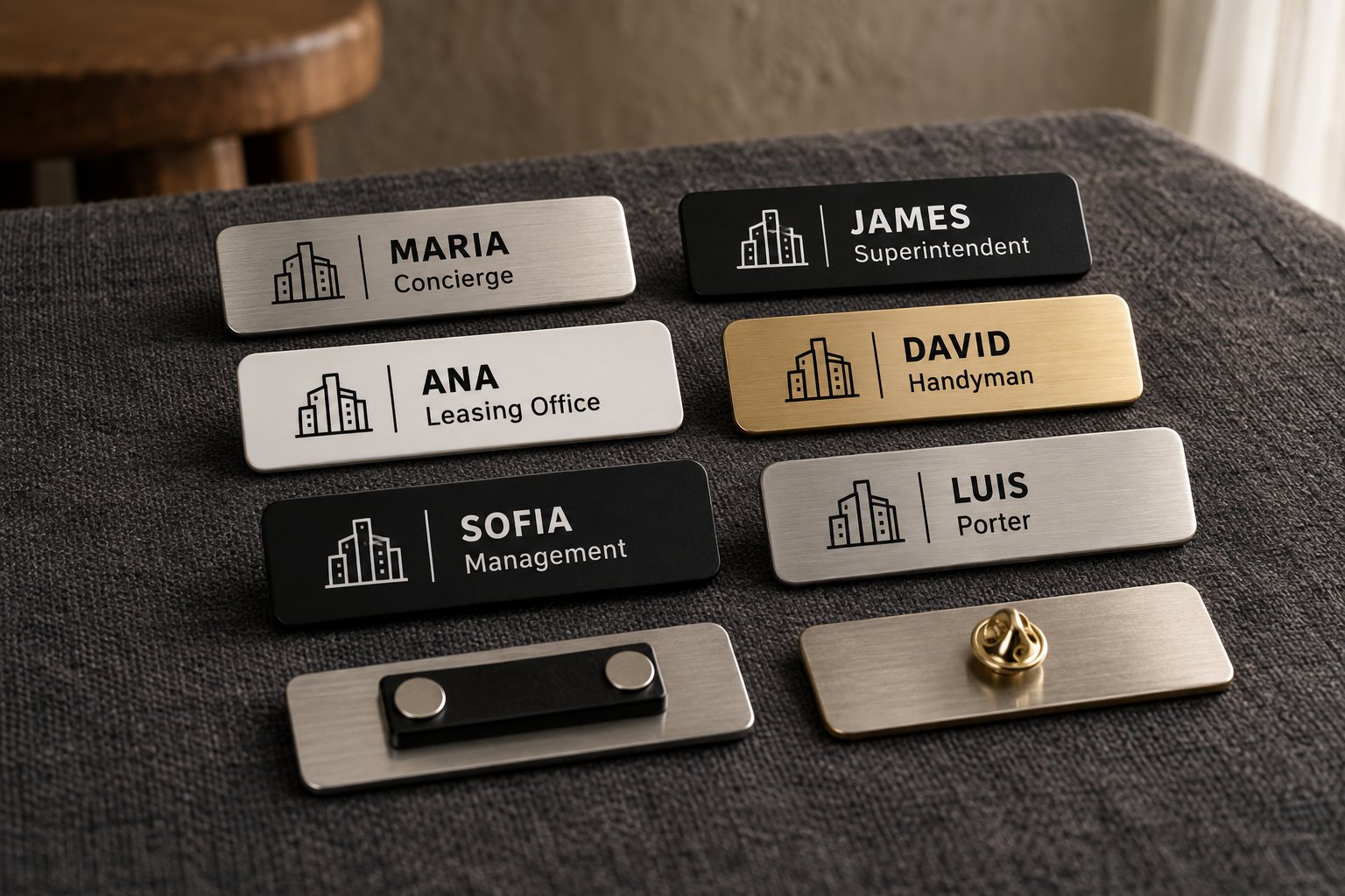 Six rectangular name tags in brushed silver, matte black, white and gold on a charcoal linen cloth, each with a building icon, a first name and a job title. Two more tags are turned over to show a magnet backing and a butterfly closure.
