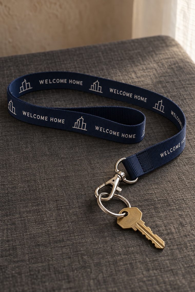 A navy lanyard printed with WELCOME HOME and a building icon, with a metal hook holding a brass key.