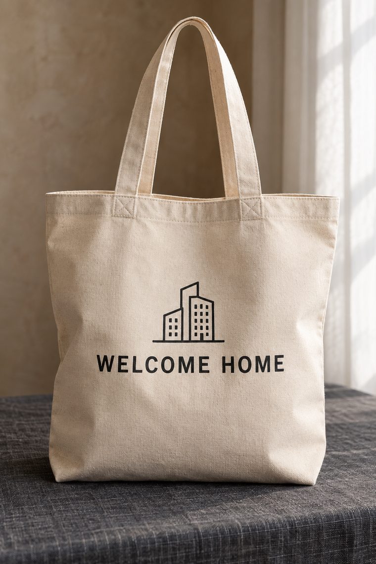 A natural canvas tote bag printed with a building icon and the words WELCOME HOME.