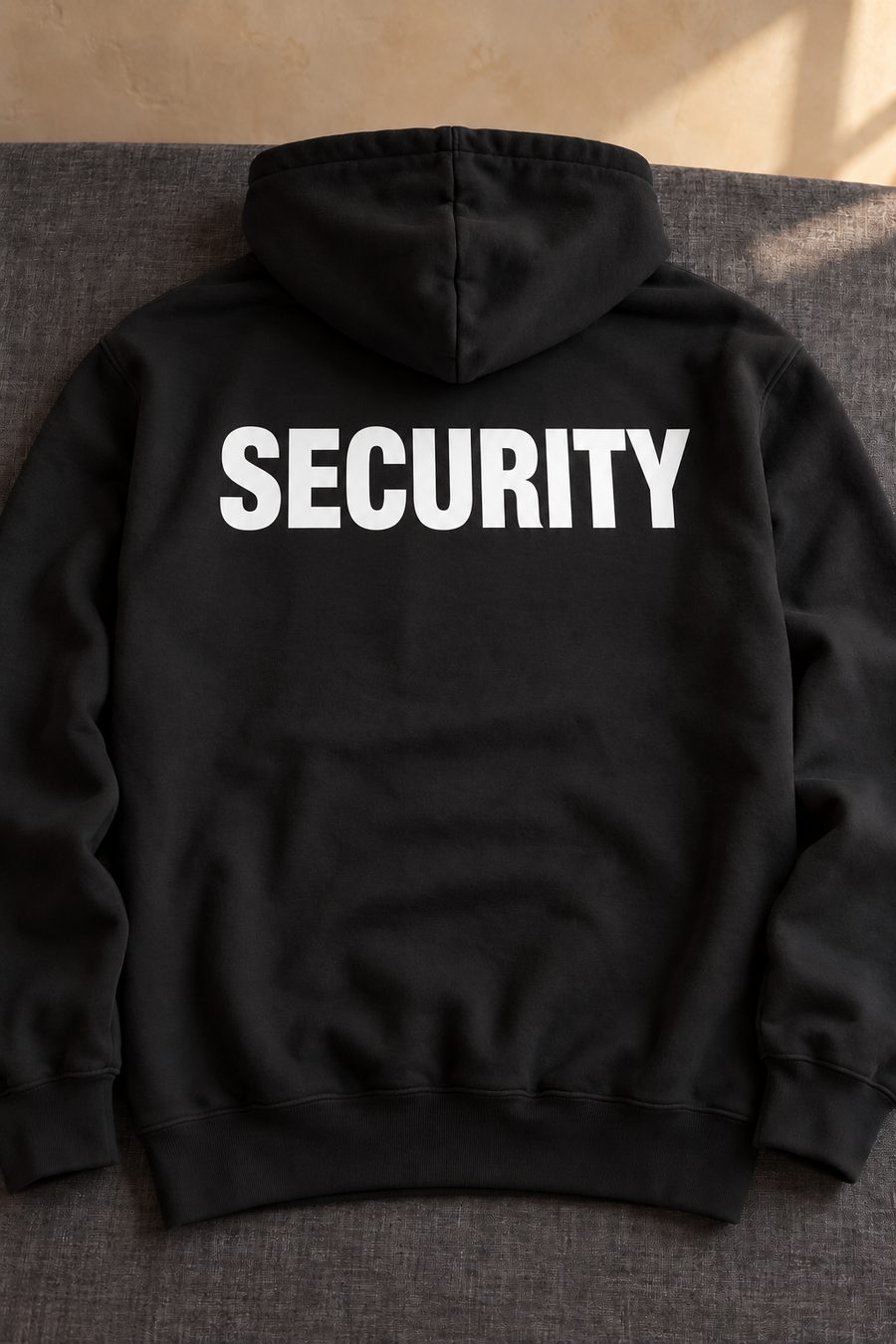 The back of a black hoodie with SECURITY printed in large white capitals.
