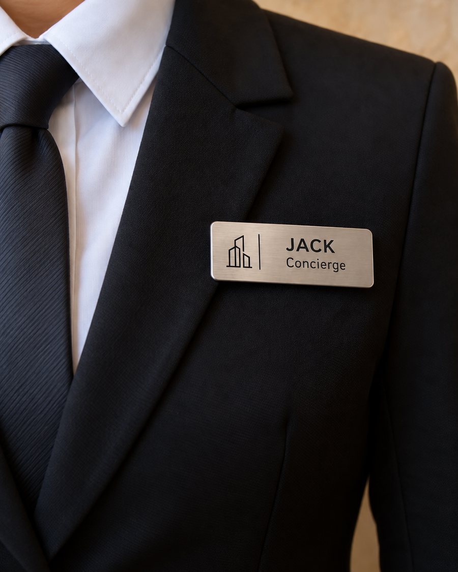 A brushed silver name tag reading JACK, Concierge, worn on the chest of a black blazer over a white shirt and dark tie.