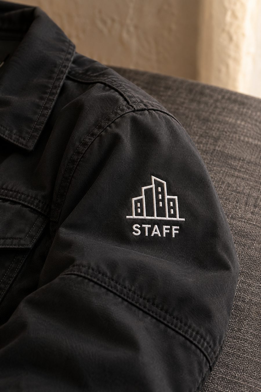 A building icon and the word STAFF embroidered in white thread on the sleeve of a black work jacket.