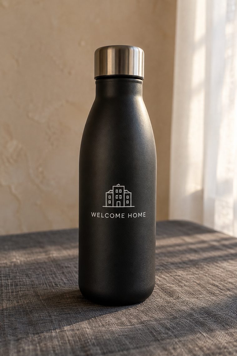 A matte black water bottle with a steel cap, printed with a building icon and the words WELCOME HOME.