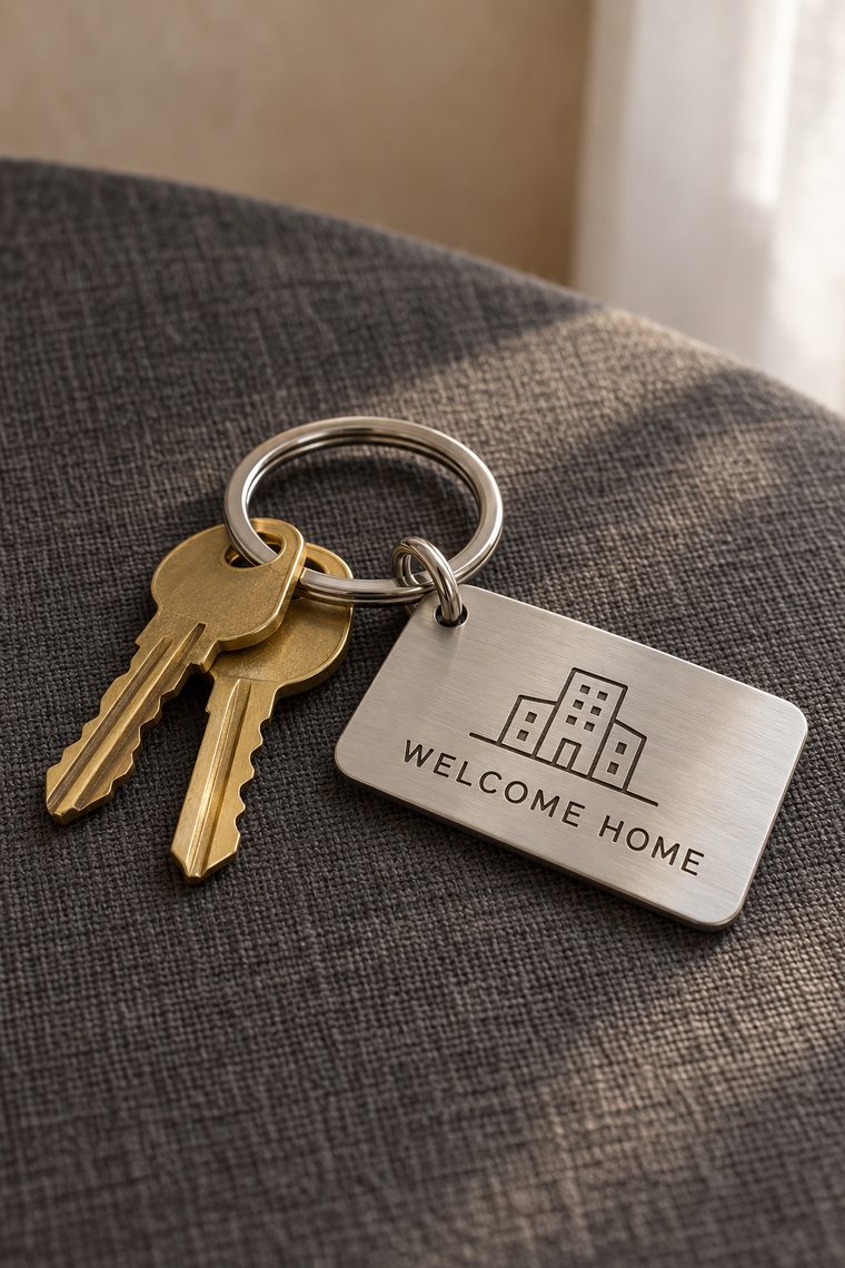 A brushed silver key chain tag engraved with a building icon and the words WELCOME HOME, on a ring with two brass keys.